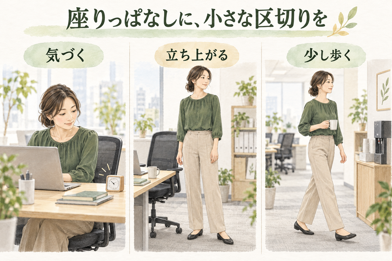 デスクワーク中に時計で区切りに気づき、椅子から立ち上がり、給水場所へ歩く様子の説明イラスト