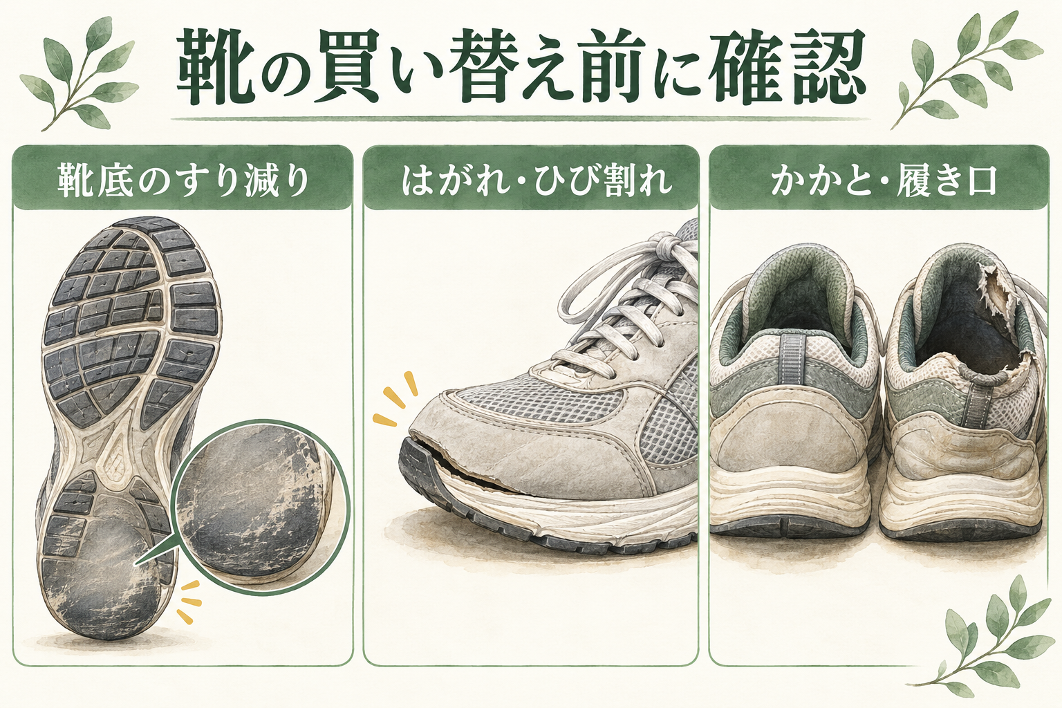 靴底のすり減り、つま先のソールのはがれ、かかとと履き口の傷みを示すイラスト